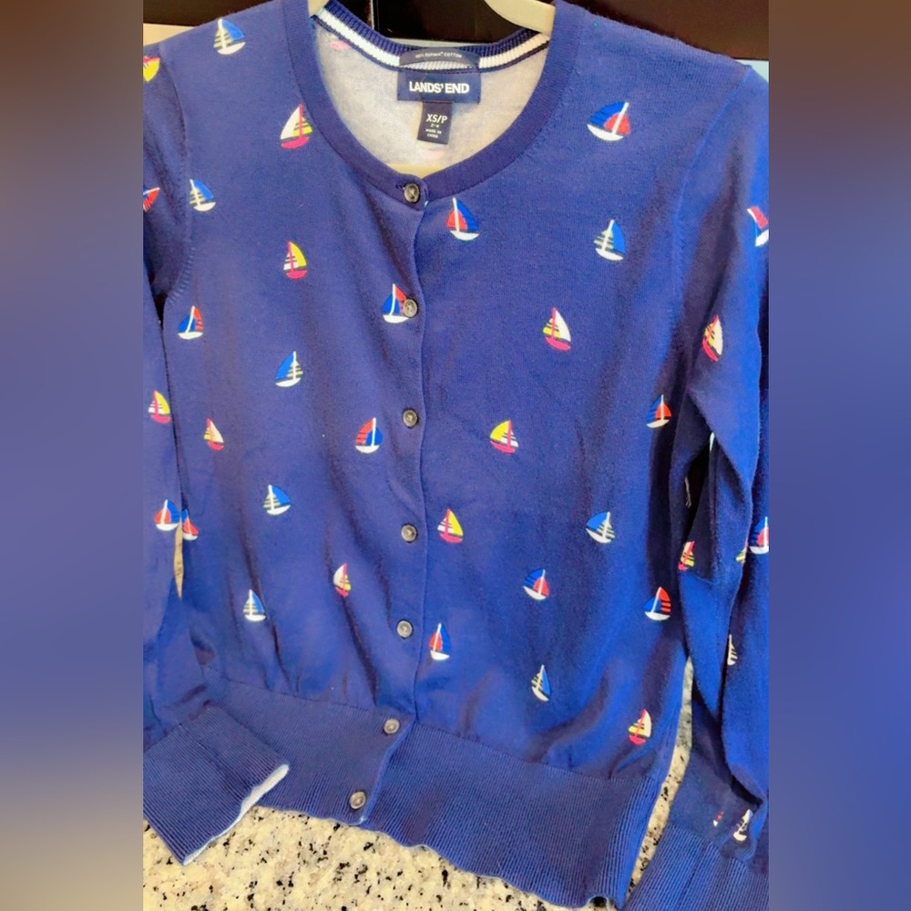 Lands' End Navy Cardigan with Sailboat Design